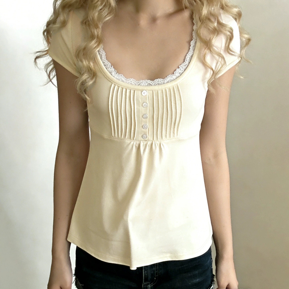Zara Pure Girly Lace Trim Short Sleeve Tee Pleated Collar Solid Loose Lounge Top